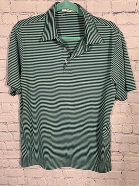Criquet Mens Short Sleeve Striped Golf Polo Green Blue Gray M Golf Prep Casual